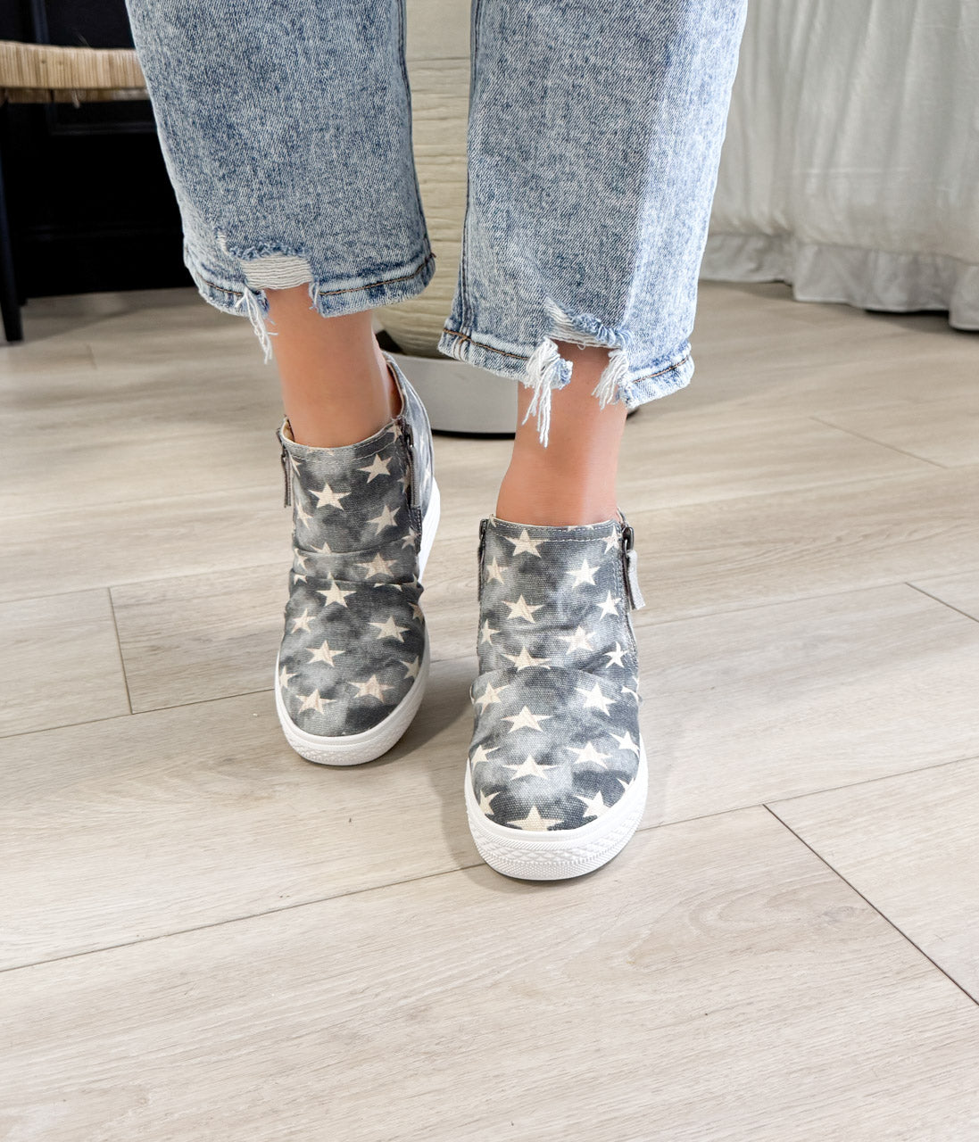 Ari Sneaker Wedge Denim With Star Print And Zippers Naughty Monkey